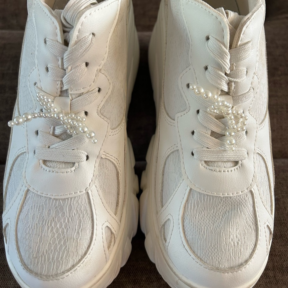 Beautiful 3.5” Platform White Ivory Lace Pearl Wedding Sneakers